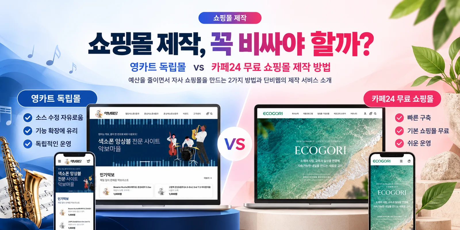 영카트 독립몰과 카페24 무료 쇼핑몰 제작 비교