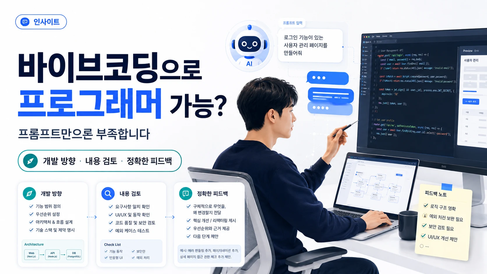 바이브코딩으로 프로그래머가 될 수 있는지와 개발 방향, 검토, 피드백의 중요성을 설명하는 이미지