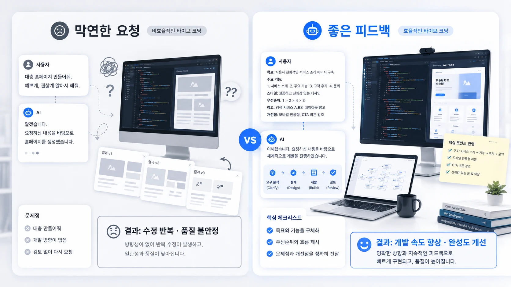 막연한 요청과 구체적인 개발 피드백의 결과 차이를 비교한 바이브코딩 인포그래픽